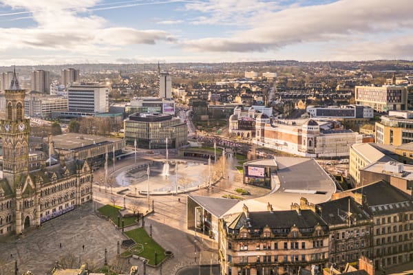Aerial view of Bradford city centre including town hall