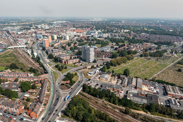 Aerial view of Doncaster cityscape