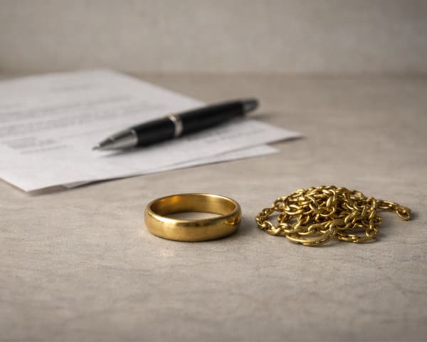 A small quantity of gold jewellery in the foreground, with a formal looking letter, blurred out, in the background