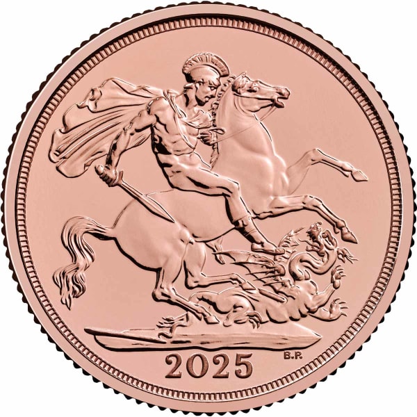 Reverse side of the 2025 bullion gold Sovereign