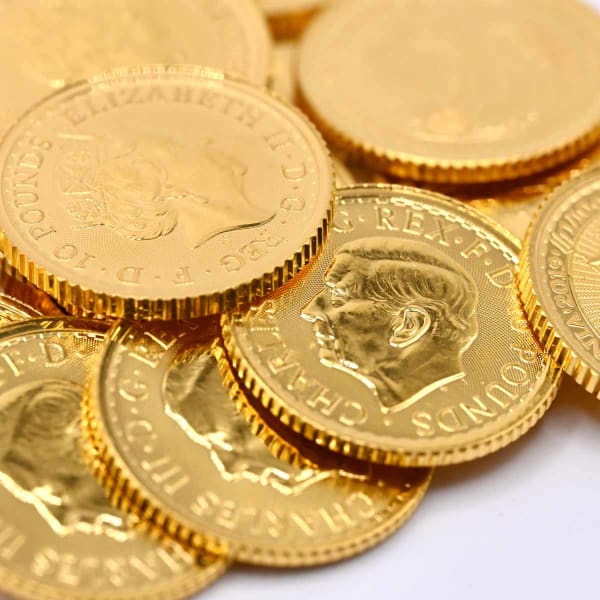 A pile of one-tenth bullion gold Britannias