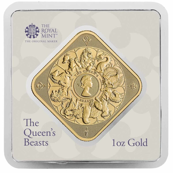 The Queen's Beasts 1oz Gold Bullion Bar - Limited Edition Square Bar by The Royal Mint in 999.9 Fine Gold