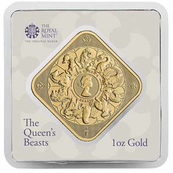 The Queen's Beasts 1oz Gold Bullion Bar - Limited Edition Square Bar by The Royal Mint in 999.9 Fine Gold