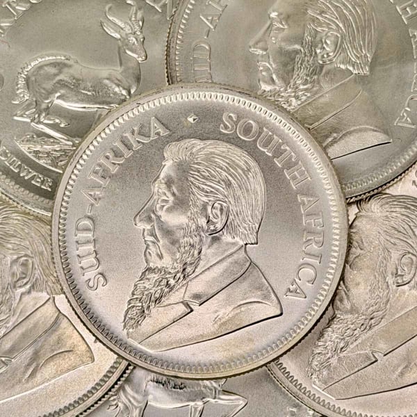 A pile of South African 1oz silver Krugerrands