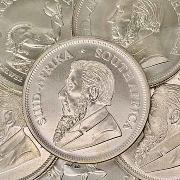A pile of South African 1oz silver Krugerrands