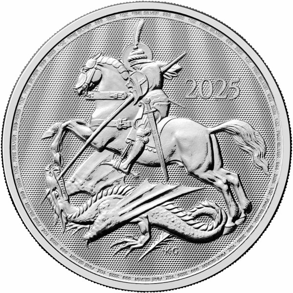 Reverse side of the 2025 St George and the Dragon 1oz Silver Bullion Coin