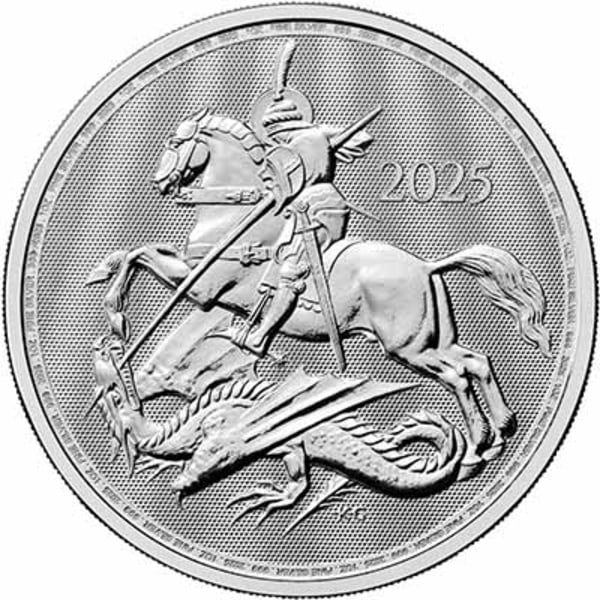 Reverse side of the 2025 St George and the Dragon 1oz Silver bullion coin
