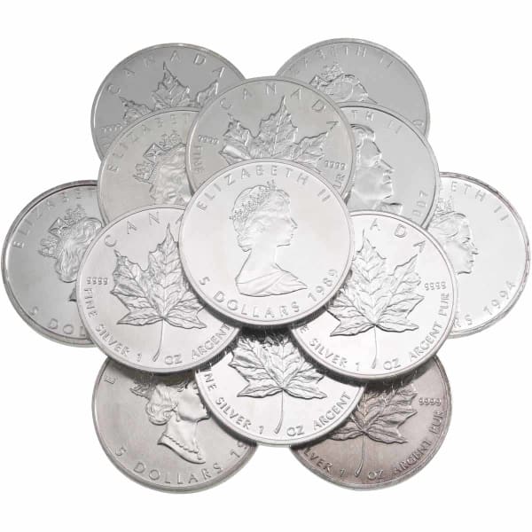 A stack of pre-owned Canadian 1oz silver Maple Leaf coins