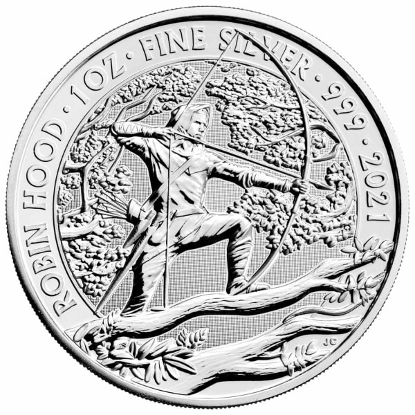 Reverse side of the 2021 Robin Hood 1oz silver bullion coin