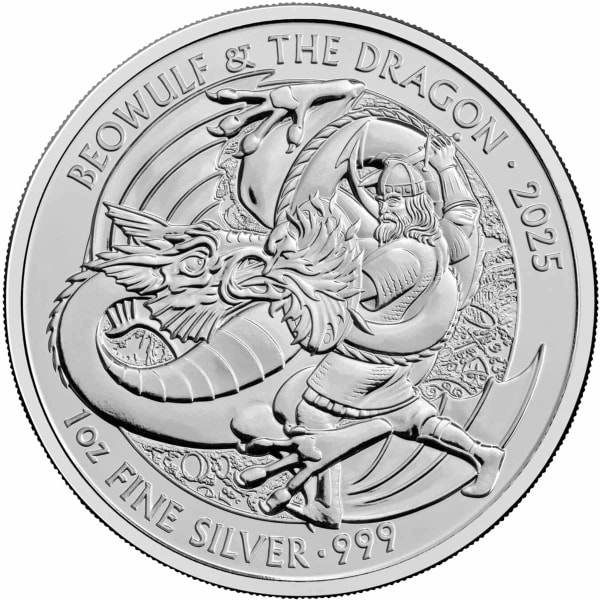Reverse side of the 2025 Beowulf and the Dragon 1oz silver bullion coin