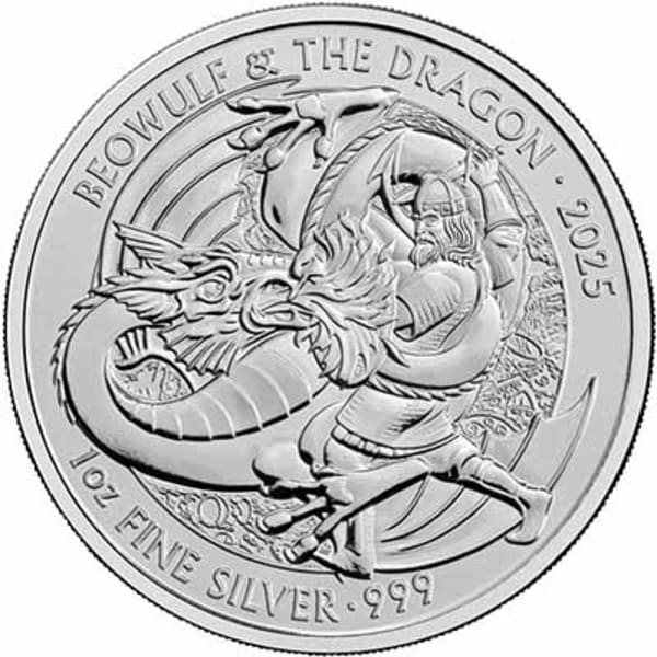 Reverse side of the 2025 Beowulf and the Dragon 1oz silver bullion coin