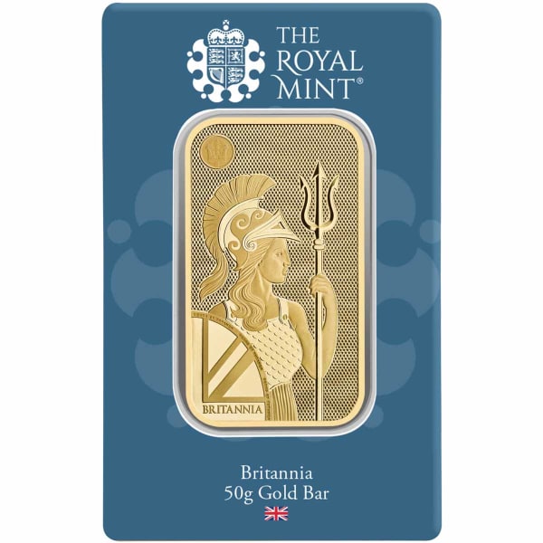 Front image of The Royal Mint's 50g secure Britannia gold bar