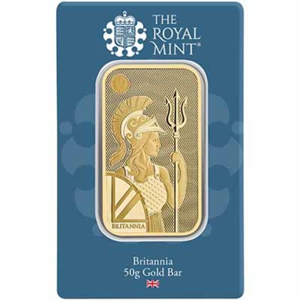 Front image of The Royal Mint's 50g secure Britannia gold bar