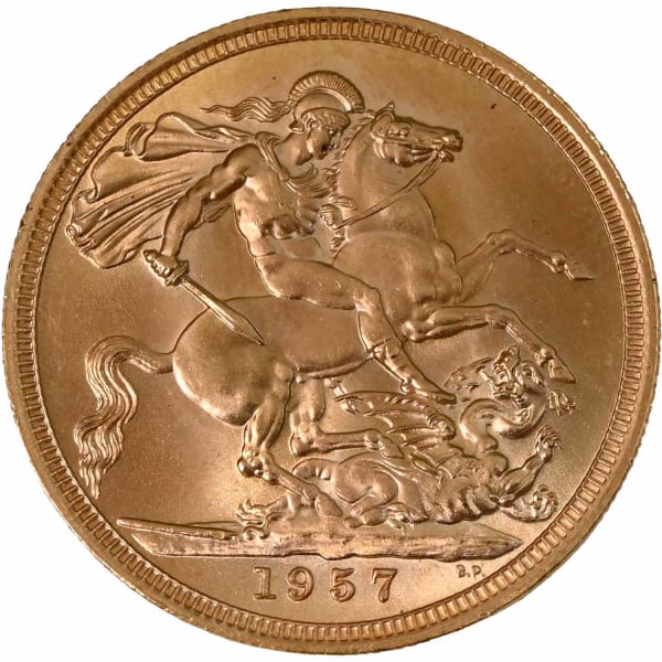 Reverse image of a 1957 gold Sovereign