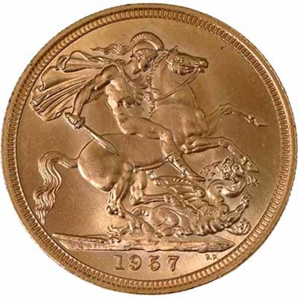 Reverse image of a 1957 gold Sovereign