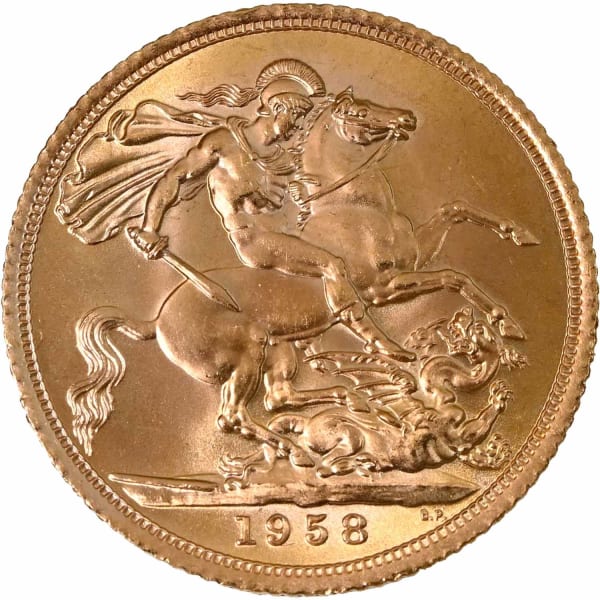 Reverse face of a 1958 gold Sovereign