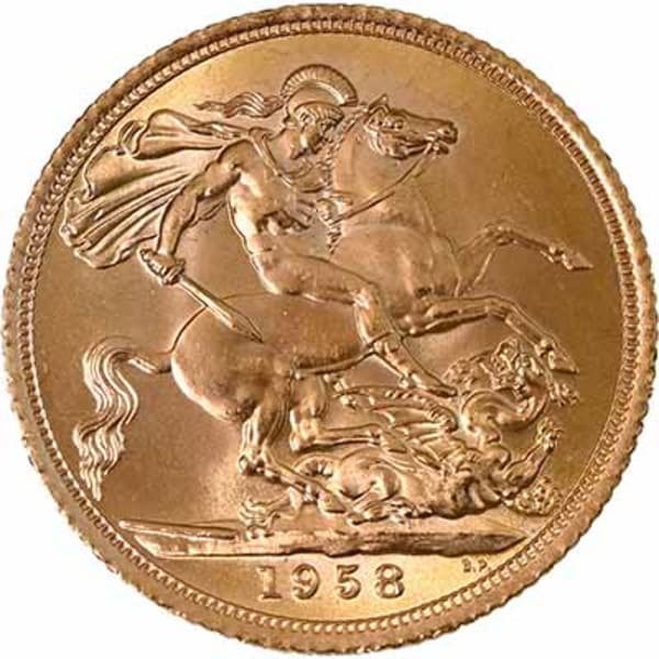 Reverse face of a 1958 gold Sovereign