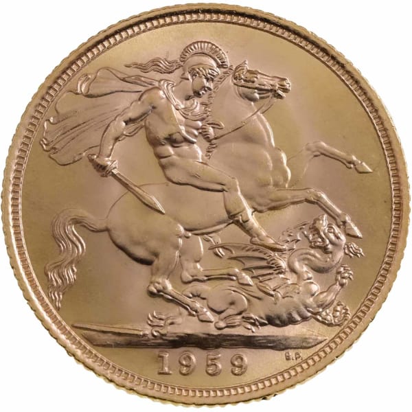 Reverse side of a 1959 gold Sovereign