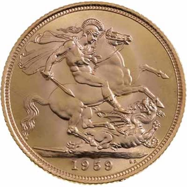 Reverse face of a 1959 gold Sovereign