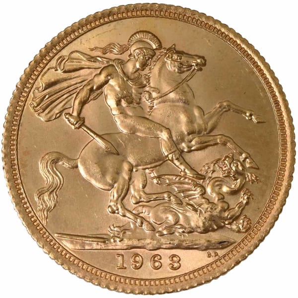 Reverse side of a 1963 gold Sovereign