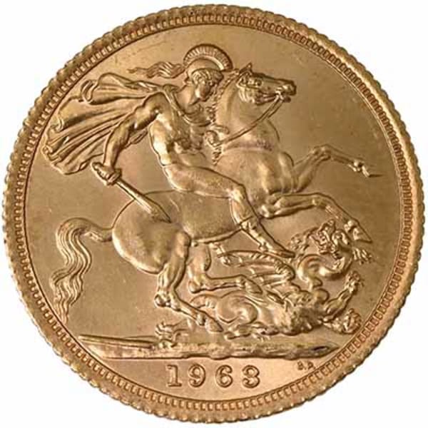 Reverse side of a 1963 gold Sovereign