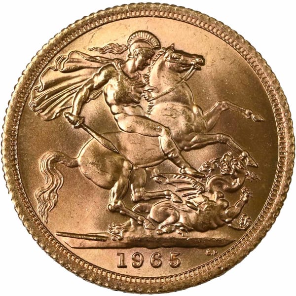 Reverse side of a 1965 gold Sovereign