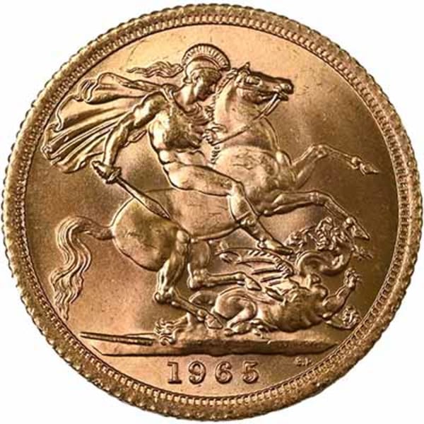 Reverse side of a 1965 gold Sovereign