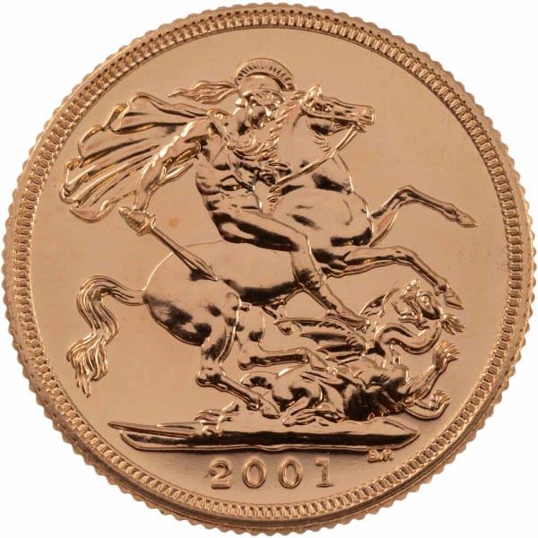Reverse side of a 2001 gold Sovereign
