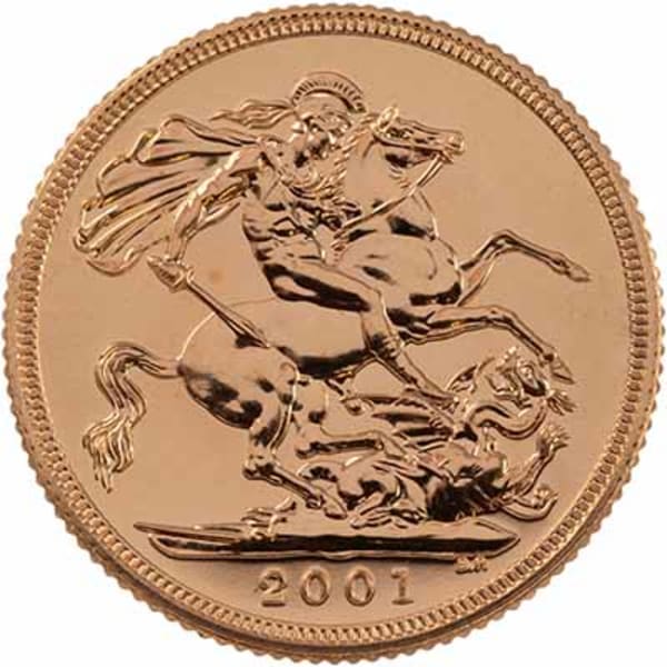 Reverse side of a 2001 gold Sovereign