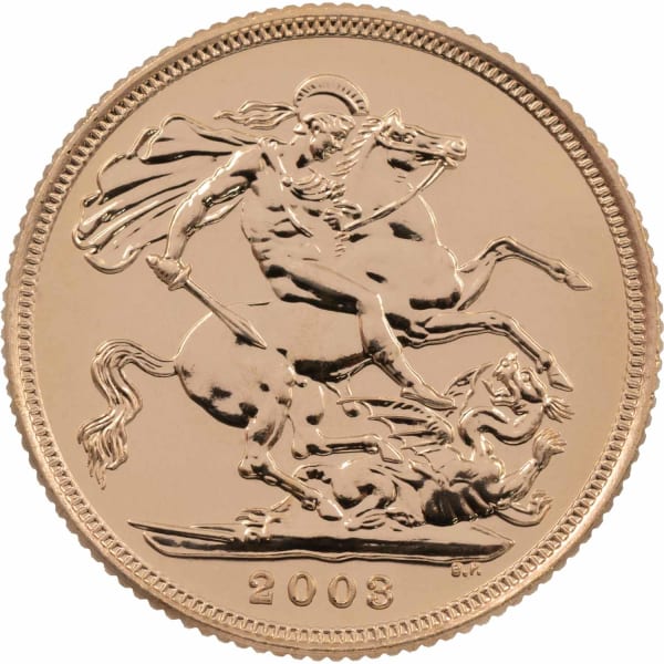 Reverse side of a 2003 gold Sovereign