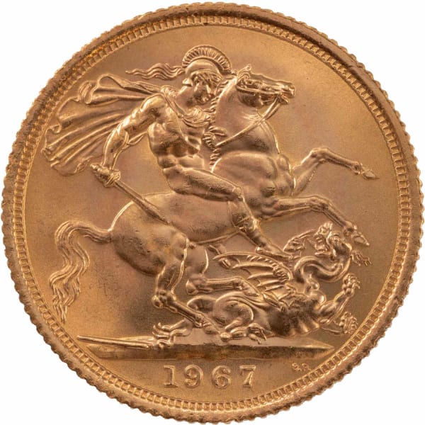 Reverse side of a 1967 gold Sovereign