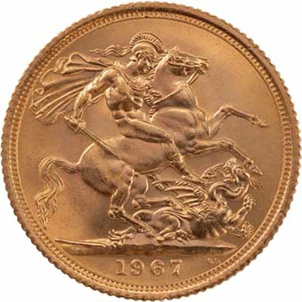 Reverse side of a 1967 gold Sovereign