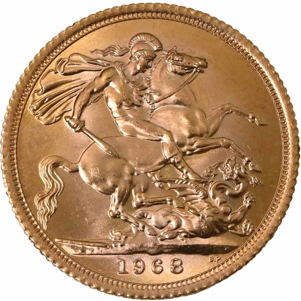 Reverse side of a 1968 gold Sovereign