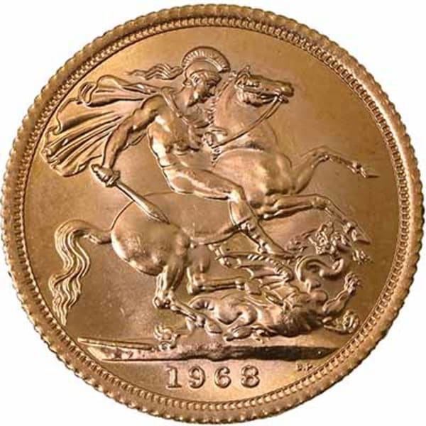 Reverse side of a 1968 gold Sovereign