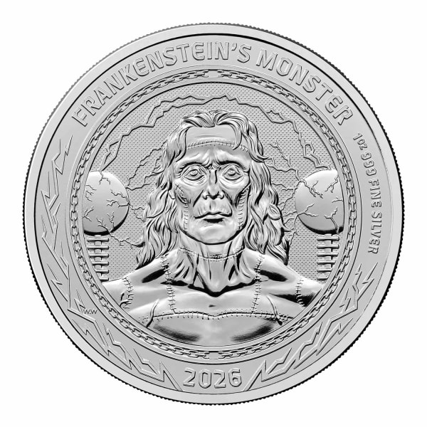 Reverse side of the 2026 'Gothic Horror' Frankenstein 1oz Silver coin by The Royal Mint