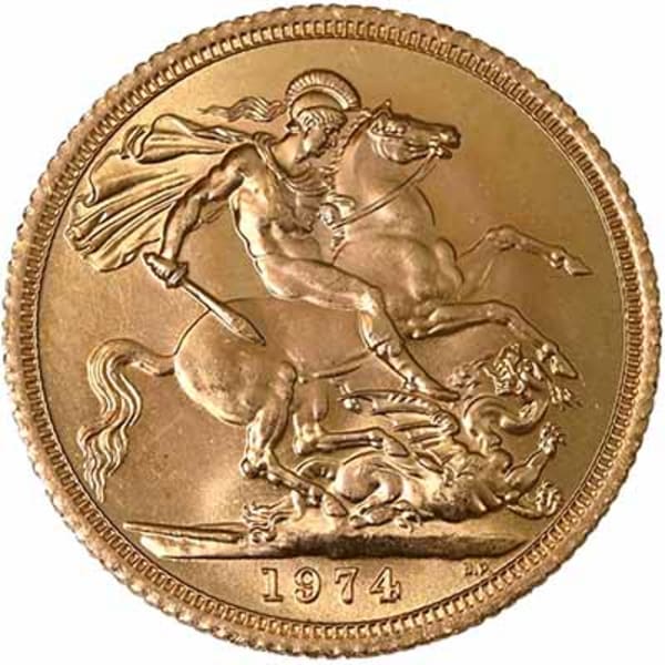 Reverse side of a 1974 gold Sovereign