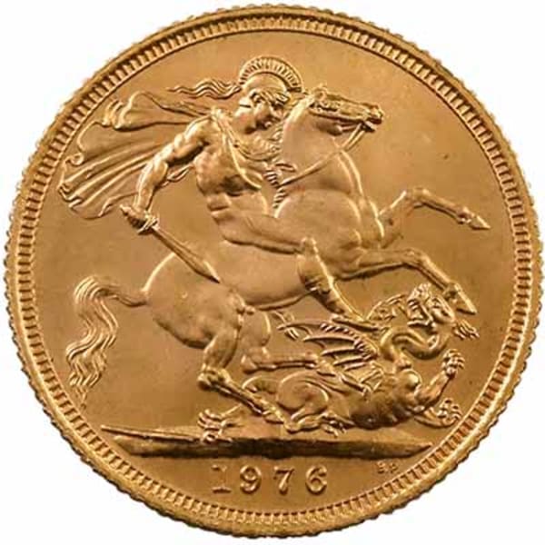 Reverse side of a 1976 gold Sovereign