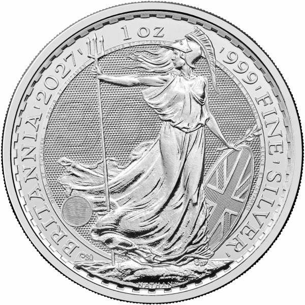Reverse side of the 2027 1oz silver Britannia, featuring the unique privy mark and latent image