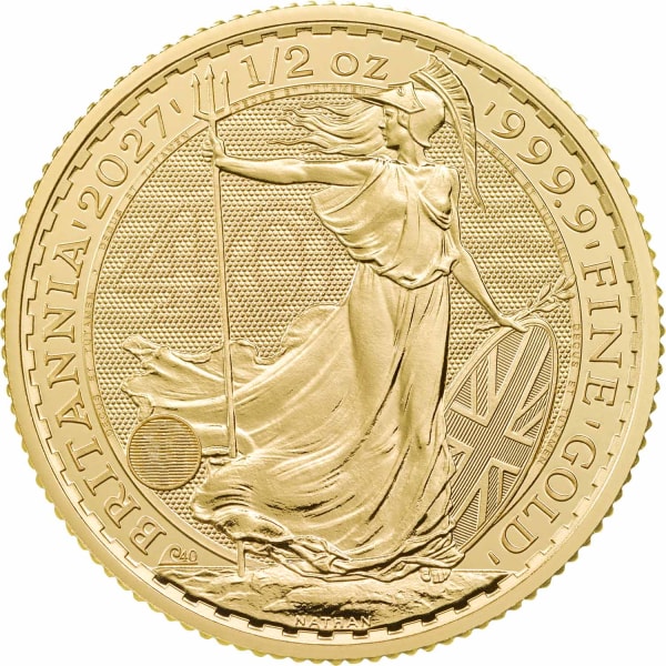 Reverse face of the 2027 half ounce gold Britannia, featuring the unique 40th anniversary privy mark and latent image
