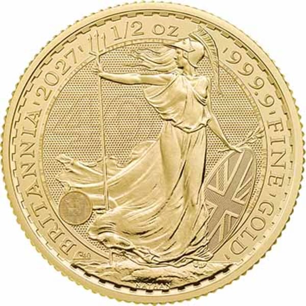Reverse face of the 2027 half ounce gold Britannia, featuring the unique 40th anniversary privy mark and latent image