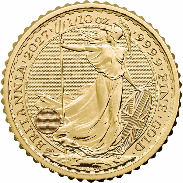Reverse side of the 2027 tenth ounce gold Britannia, featuring the one-off privy mark and latent image
