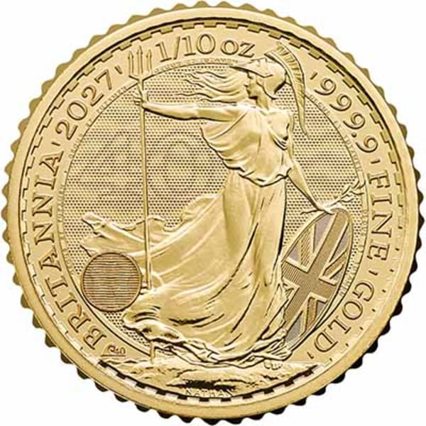 Reverse side of the 2027 tenth ounce gold Britannia, featuring the one-off privy mark and latent image