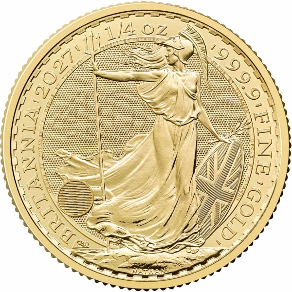 Reverse side of the 2027 quarter ounce gold Britannia, featuring the one-off privy mark and latent image