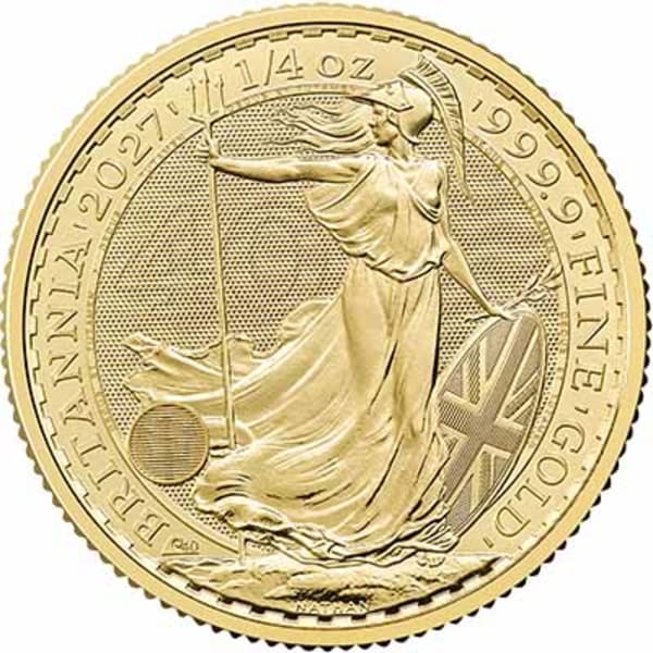 Reverse side of the 2027 quarter ounce gold Britannia, featuring the one-off privy mark and latent image