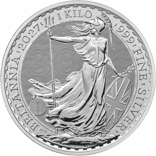 Reverse side of the 2027 one kilo silver Britannia, featuring the one-off privy mark and latent image