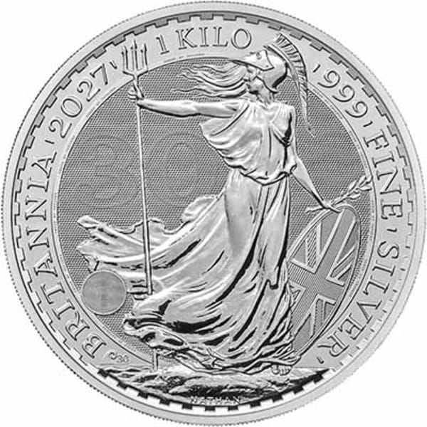 Reverse side of the 2027 one kilo silver Britannia, featuring the one-off privy mark and latent image