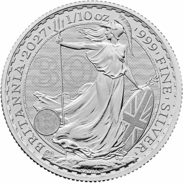 Reverse side of the 2027 one-tenth silver britannia, featuring the one-off privy mark and latent image