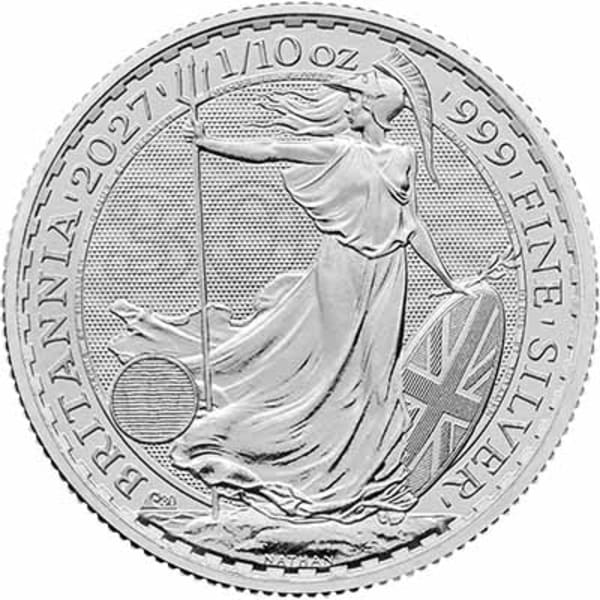 Reverse side of the 2027 one-tenth silver britannia, featuring the one-off privy mark and latent image