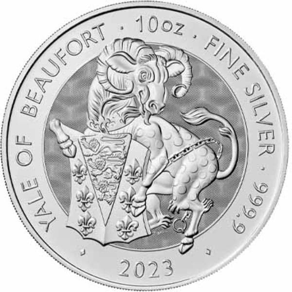 Reverse side of the 2023 10oz silver Yale of Beaufort bullion coin