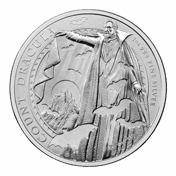 Reverse side of the 2025 Count Dracula 1oz silver coin
